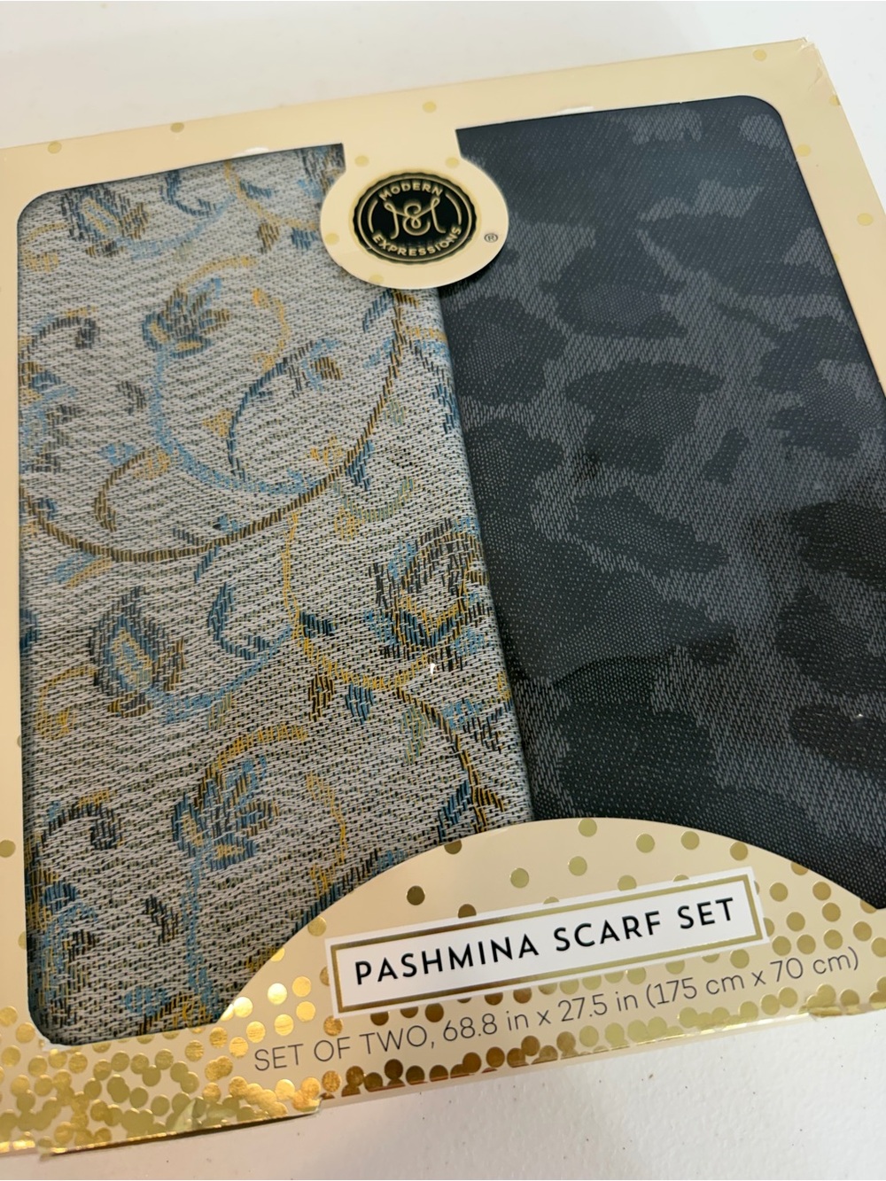 Pashmina Scarf Set - Gray Blue Floral & Charcoal
